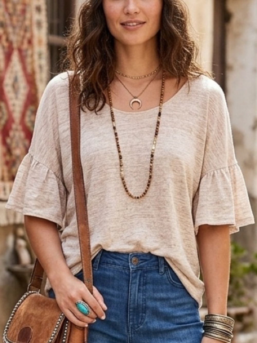 Women's Beige Ruffle Sleeve Linen Top - Casual Scoop Neck